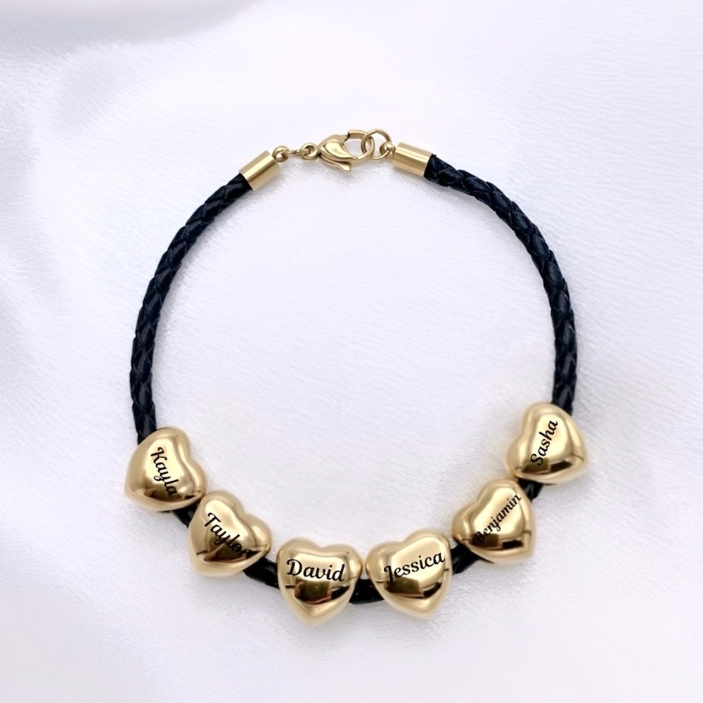 Linx black leather bolo cord bracelet with gold custom engraved heart charms